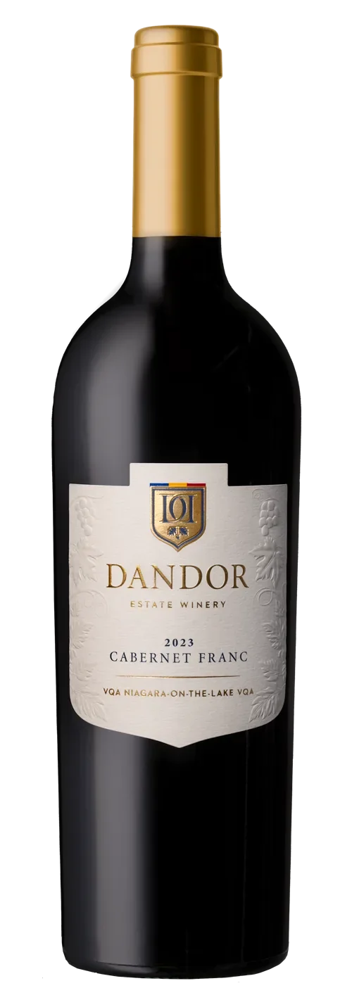 A bottle of Dandor 2023 Cabernet Franc wine from Niagara-on-the-Lake with a gold foil cap and a white label.