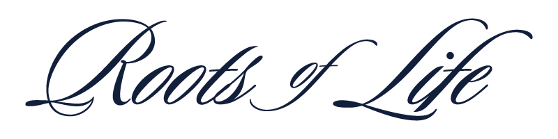 Text that reads 'Roots of Life' in elegant, cursive font.