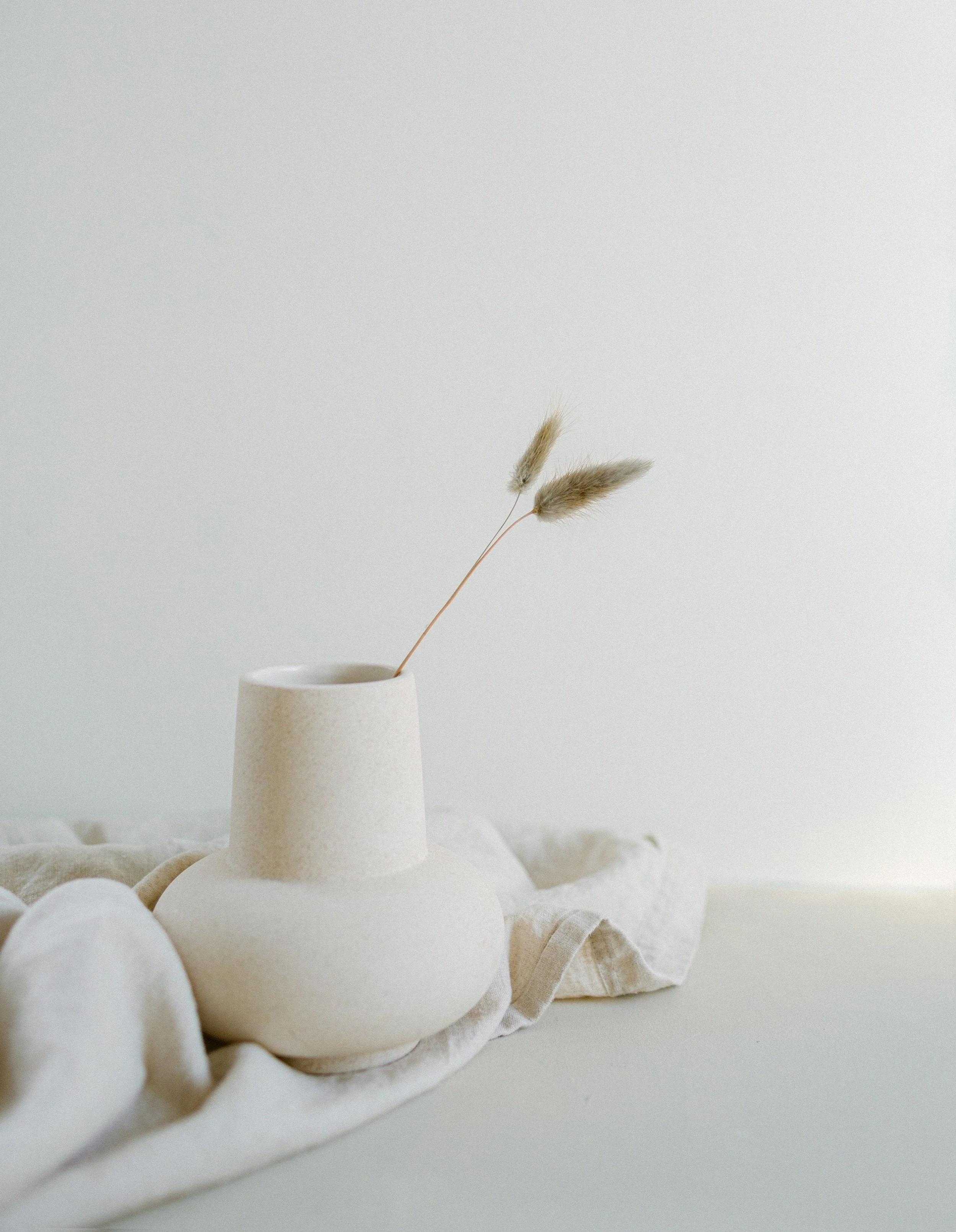 A minimalist beige ceramic vase with two dried grass stems, placed on a soft cloth on a white surface against a plain white background.