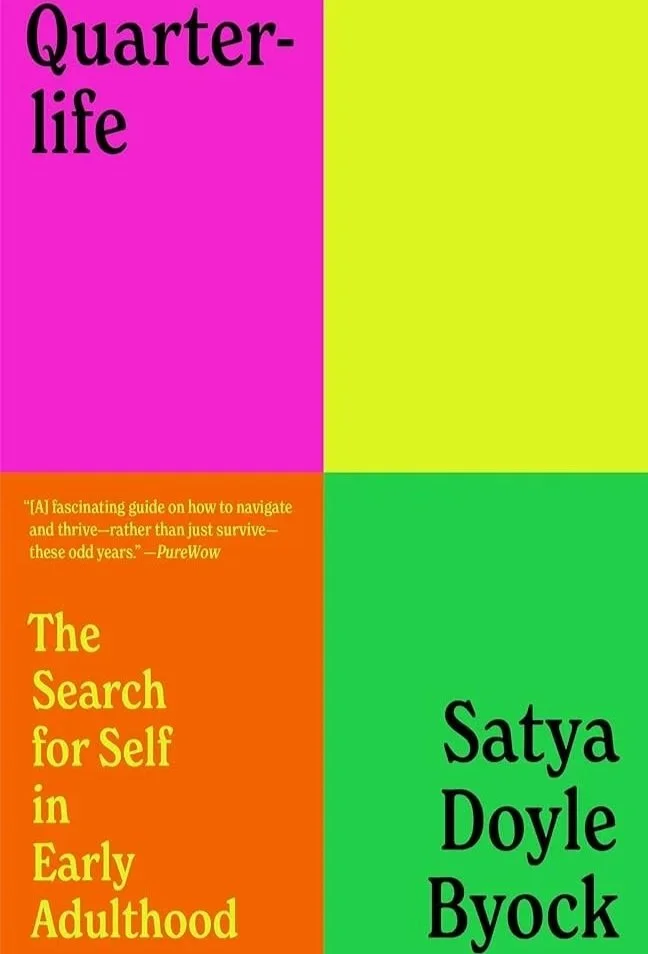 Book cover titled 'Quarter-life' by Satya Doyle Byock, featuring a blue background with a brain illustration containing words like anxiety, sleeplessness, indecision, negative, and thoughts.