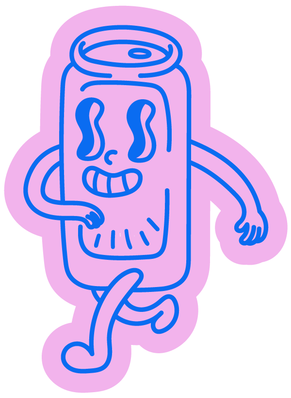 Dibujo de una lata de refresco con cara sonriente y brazos y piernas corriendo.