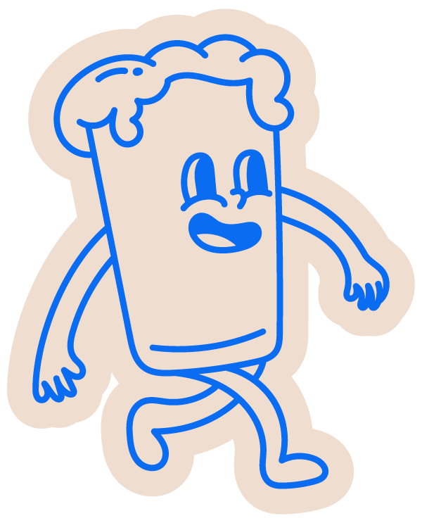 Dibujo de un vaso de yogur con cara feliz, brazos y piernas, en movimiento.