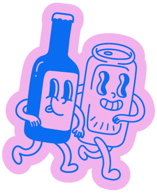 Ilustración de una botella y una lata con caras sonrientes y brazos, caminando juntos.
