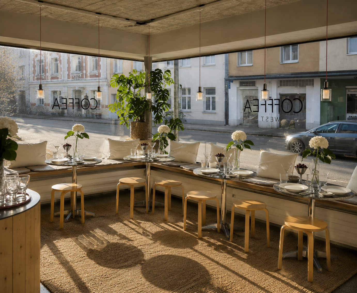 Innenraum eines Cafés mit gemütlicher Sitzbank entlang des Fensters, weiße Kissen, gedeckter Tisch mit weißen Tellern, Gläsern und Blumen, große Fensterscheibe mit Blick auf die Straße, Pflanzen und dezente Beleuchtung.