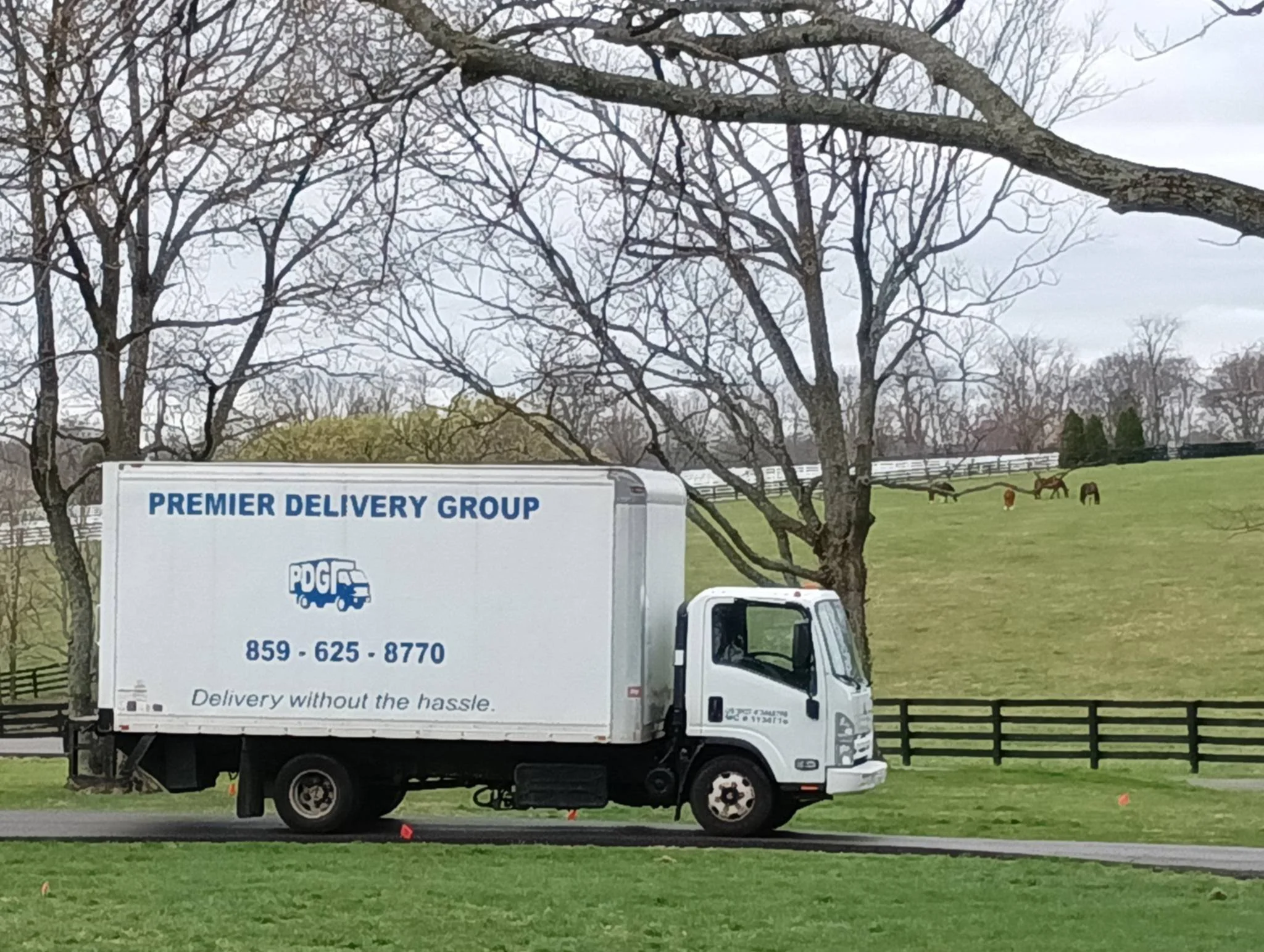 A delivery truck from Premier Delivery Group parked on a grassy area with trees and a fence in the background. The truck has the company's logo, phone number, and slogan on the side, and there are horses grazing in a field behind it.