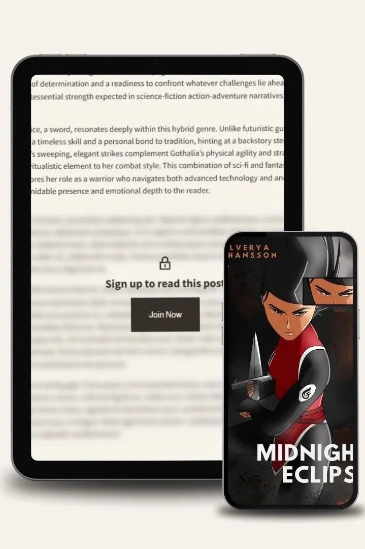 Auf einem Tablet und einem Smartphone werden Werbeinhalte angezeigt. Das Tablet zeigt eine verschwommene Seite mit dem Hinweis „Melden Sie sich an, um diesen Beitrag zu lesen“ und einem Button „Jetzt beitreten“. Das Smartphone zeigt eine Figur in Ninja-Kleidung mit schwarzen Haaren, die ein Kunai-Messer hält, sowie den Text „MIDNIGHT ECLIPS“ und den Namen der Autorin „LVERYA HANSSON“.