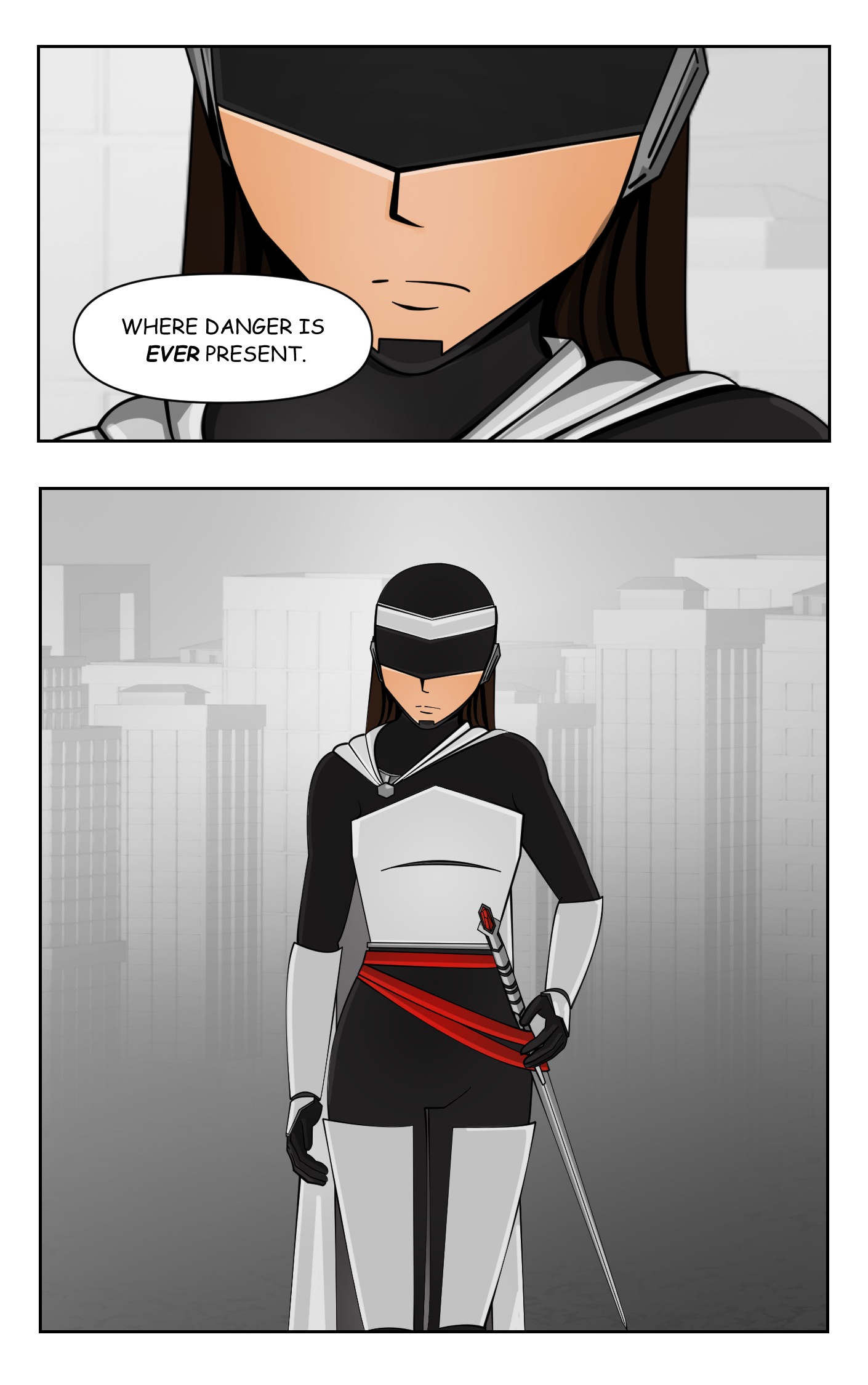 Comic book-style character in black and white armor with a red sash and a sword, standing with a serious expression against a cityscape background.