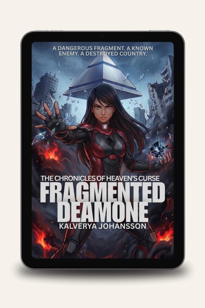 Das Buchcover zeigt eine Frau in schwarzer und roter Rüstung mit langem, dunklem Haar inmitten einer zerstörten Stadtlandschaft aus Flammen und Trümmern. Der Titel lautet „Fragmented Deamone: The Chronicles of Heaven's Curse“ von Kalverya Johansson, der Untertitel beschreibt das Buch als gefährliches Fragment und zerstörtes Land.