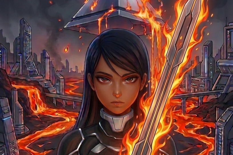 A digital painting of a young woman with dark hair and intense eyes, holding a flaming sword. The background shows a futuristic cityscape with burning buildings and lava flowing through the streets amidst a war-torn environment.