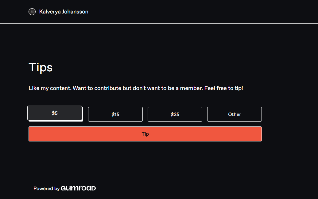 Online donation page with options for tipping, showing buttons for $5, $15, $25, and other amounts, and a large red button labeled 'Tip.'