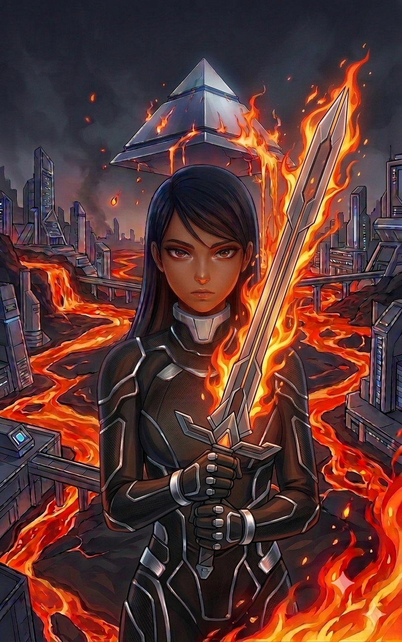 A young woman with long dark hair and determined expression, wearing a black futuristic suit with silver accents, stands in the middle of a burning cityscape holding a glowing sword. Fire and lava flow through the ruined city, with dark clouds overhead and a large glass pyramid structure in flames in the background.