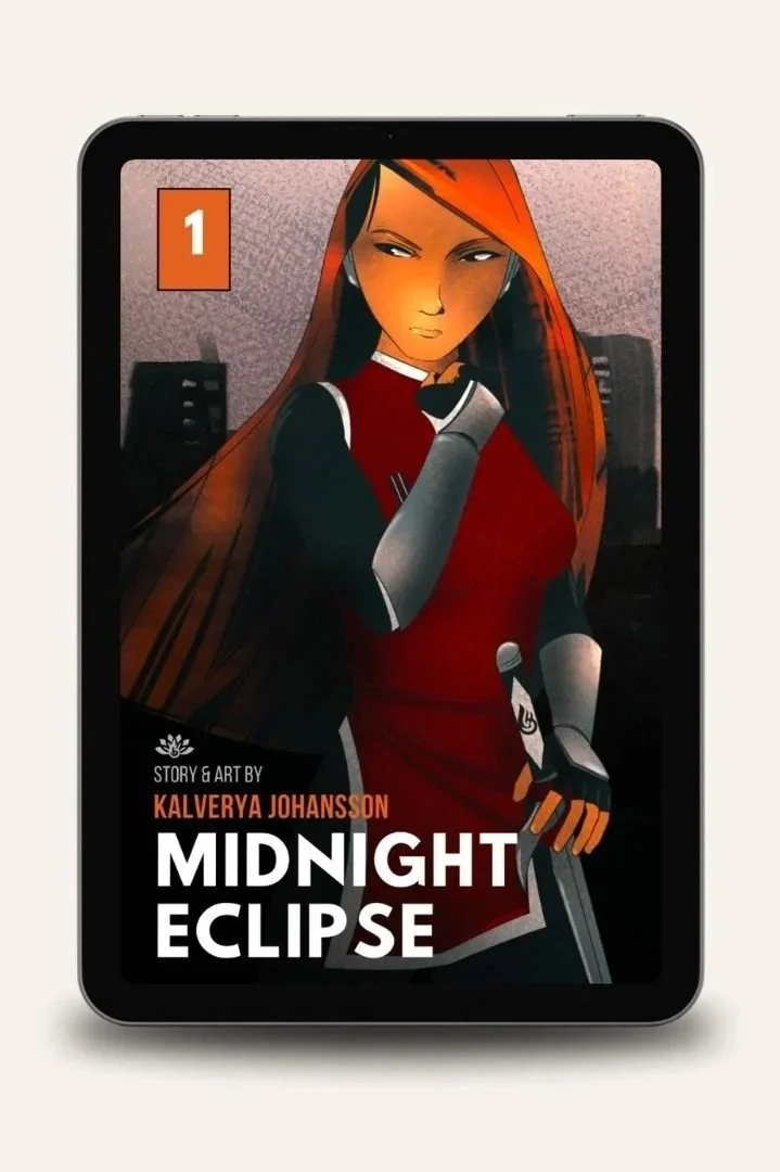 Ein Tablet mit dem Coverbild einer Geschichte mit dem Titel „Midnight Eclipse“ von Kalverya Johansson, das eine gezeichnete Frau mit langen roten Haaren in einem rot-schwarzen Outfit vor einer Stadtkulisse zeigt.