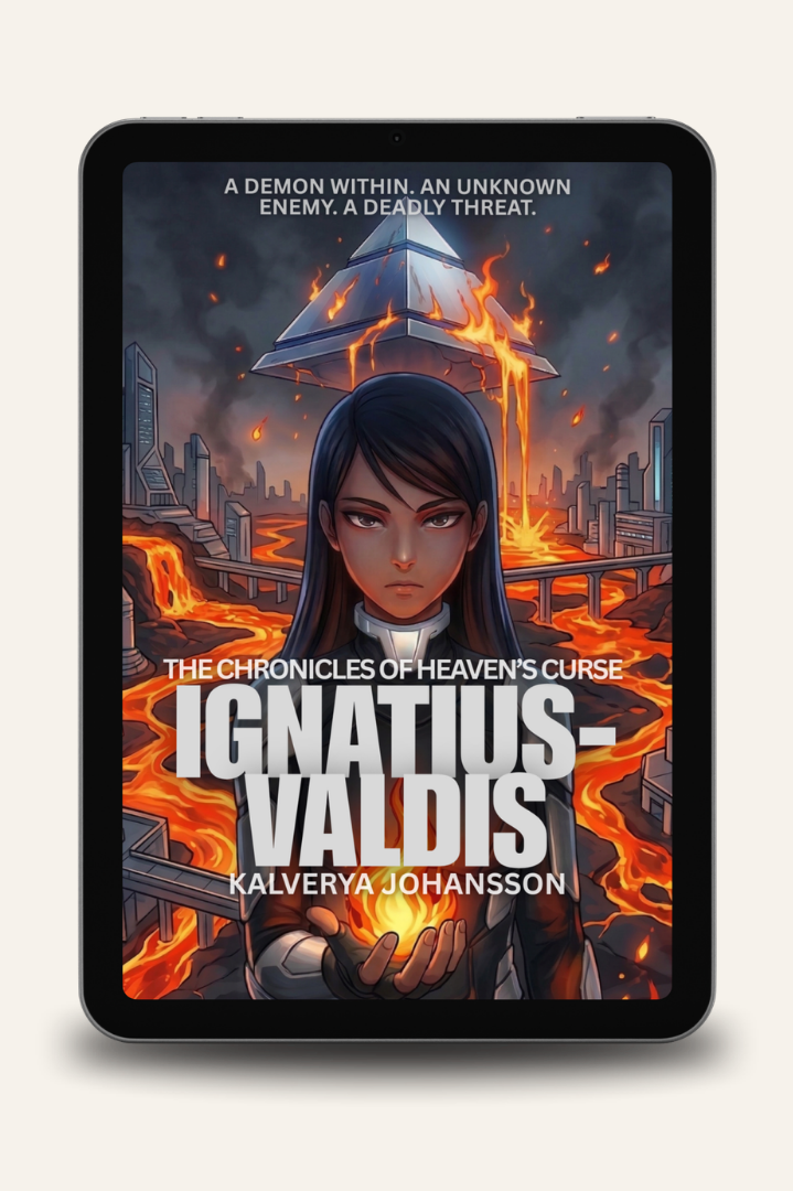 Digitale Illustration einer jungen Frau mit dunklem Haar und ernstem Gesichtsausdruck, die vor einer feurigen, apokalyptischen Stadtlandschaft mit Lava und Rauch steht. Über ihrem Kopf schwebt eine brennende Pyramide. Der Text lautet: „Ein Dämon im Inneren. Ein unbekannter Feind. Eine tödliche Bedrohung. Die Chroniken des Himmelsfluchs Ignatius-Valdis von Kalerya Johansson.“