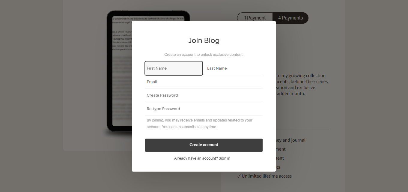 A mobile device displaying a pop-up form titled 'Join Blog' with fields for first name, last name, email, create password, re-type password, and a 'Create account' button, overlaying a blurred webpage background.