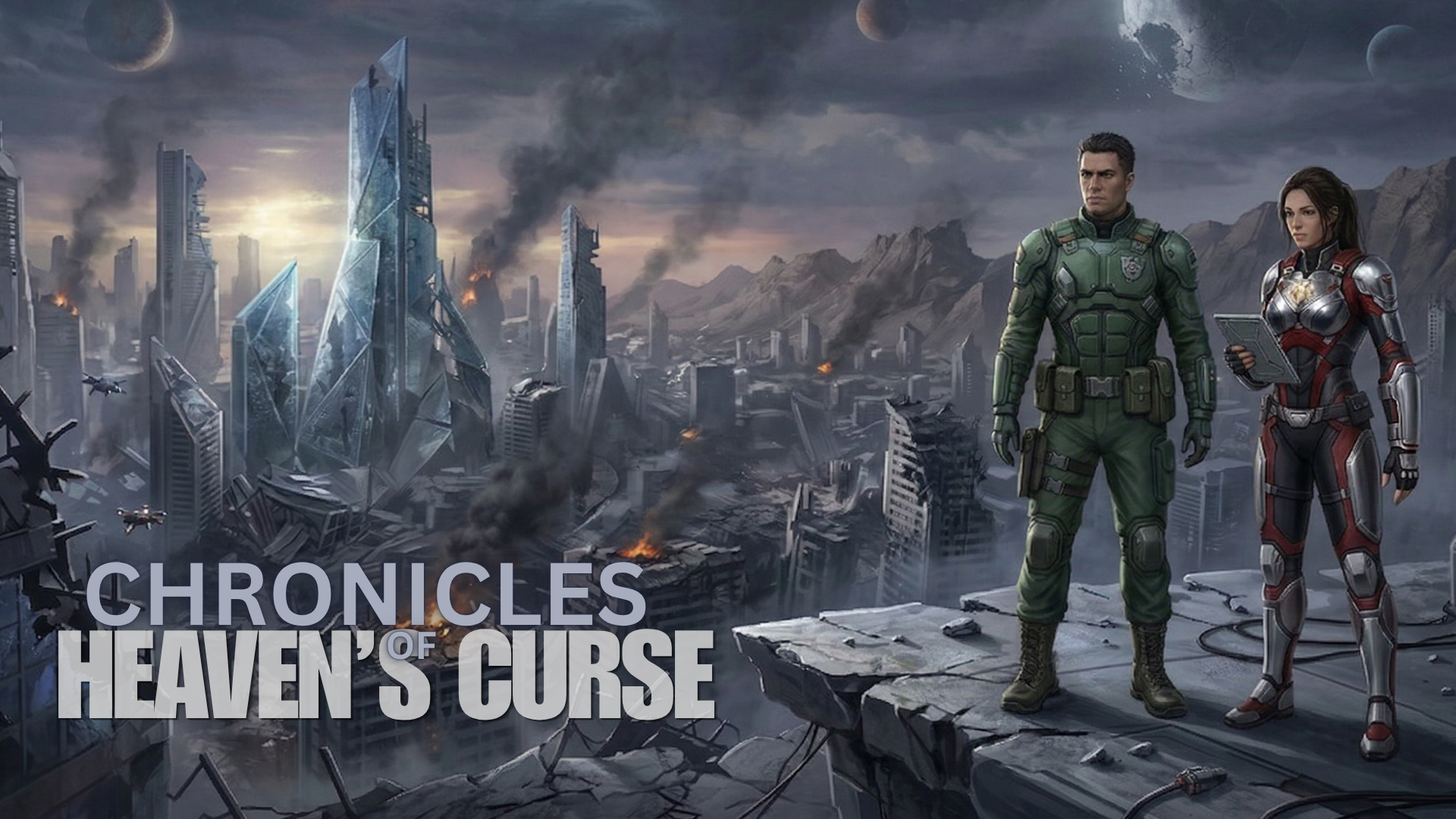 Two soldiers in futuristic armor stand on a damaged city rooftop with a ruined cityscape, burning buildings, and flying vehicles in a post-apocalyptic scene with planets visible in the sky. Text reads 'Chronicles of Heaven's Curse'.