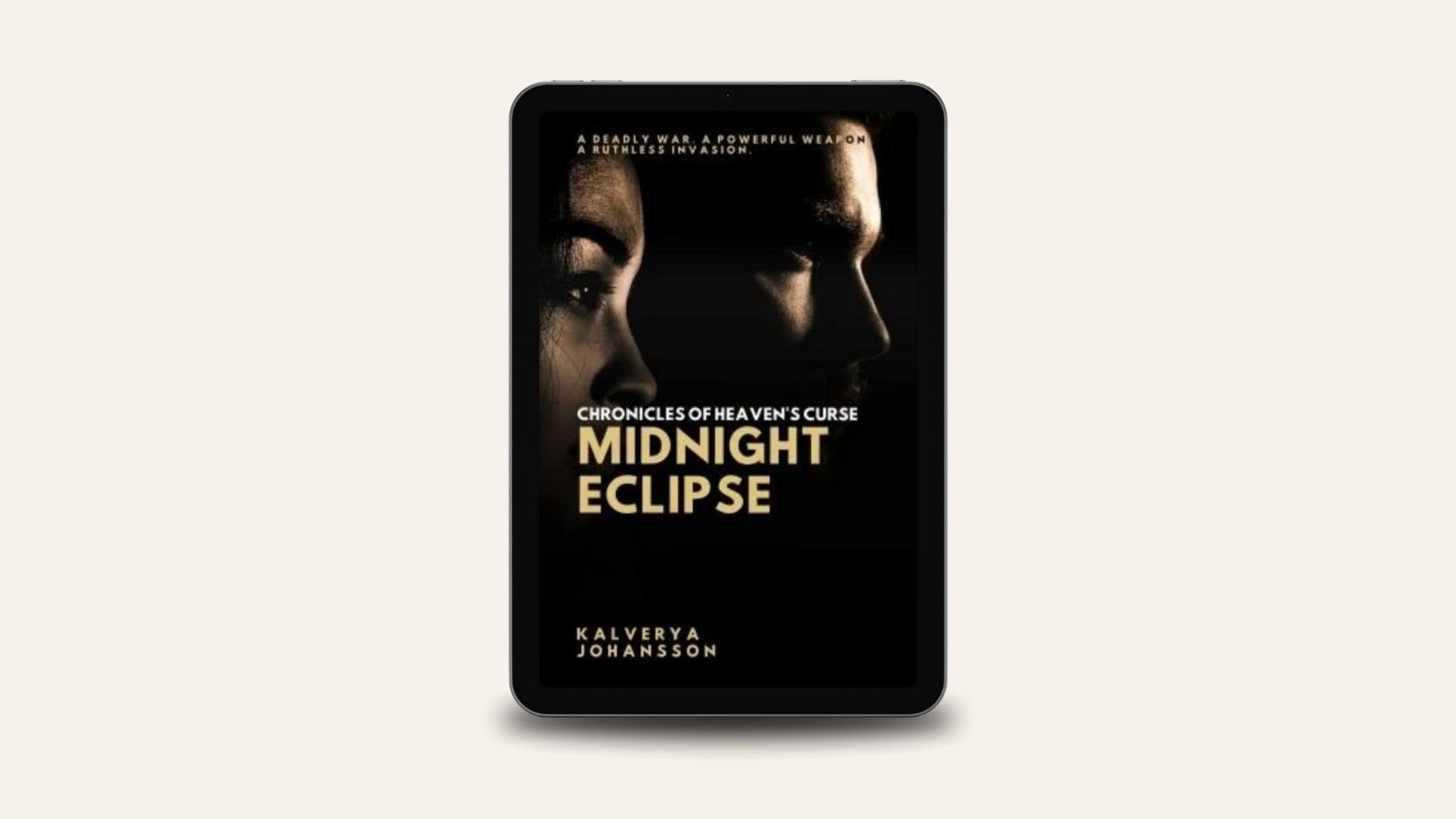 Ebook cover for 'Midnight Eclipse' by Kalerya Johansson showing a dark profile of a woman's face and a man's face in silhouette with a black background.