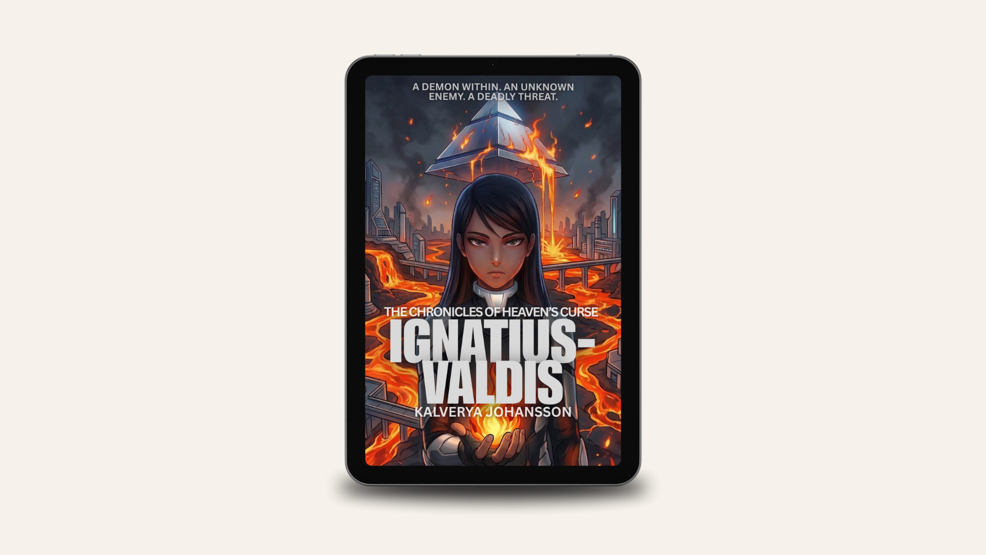 Cover of a book titled "Ignatius Valdis: The Chronicles of Heaven's Curse" showing a woman with dark hair in front of a fiery apocalyptic cityscape with a pyramid-shaped structure emitting flames.