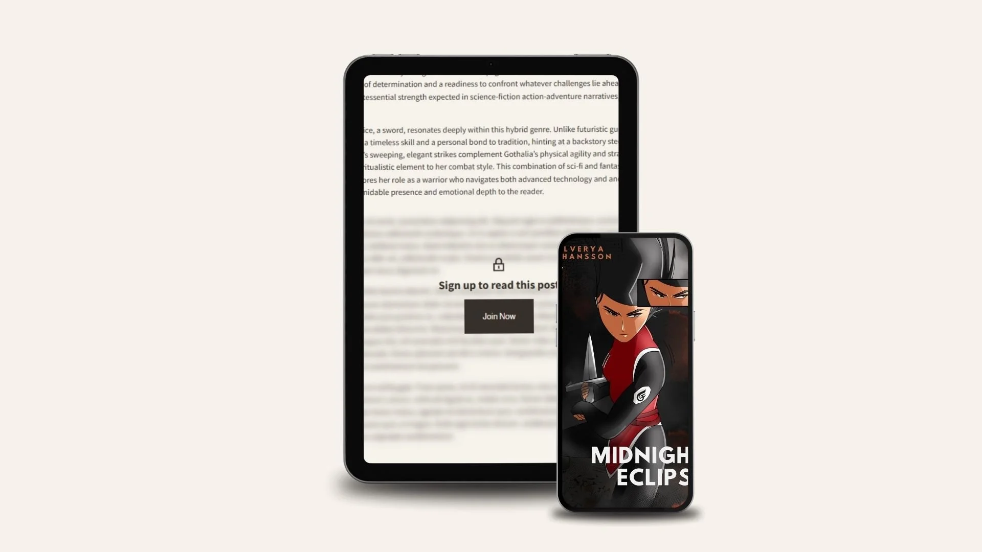 A tablet and smartphone are displayed side by side against a light background. The tablet shows a blurred text document with a pop-up message saying "Sign up to read this post" and a "Join Now" button. The smartphone displays a digital illustration of a character with short dark hair, wearing a red and black outfit, holding a sword, with the text "MIDNIGHT ECLIPS" at the bottom.