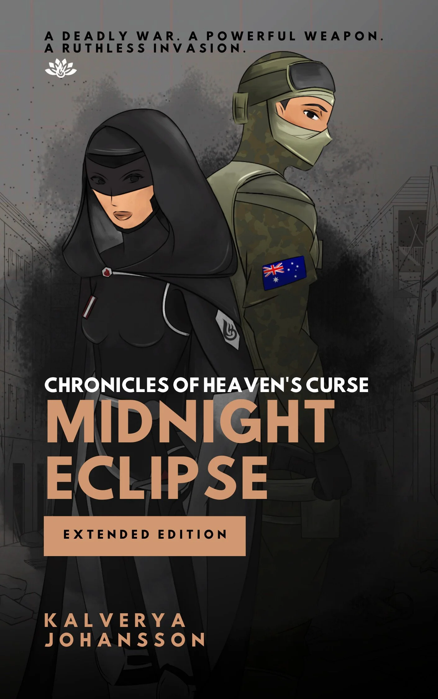 Book cover for "Midnight Eclipse" by Kalveya Johansson, featuring an illustration of a woman dressed in black with a face mask and a man in military attire with an Australian flag patch, set against a background of a dark cityscape with a forest scene.