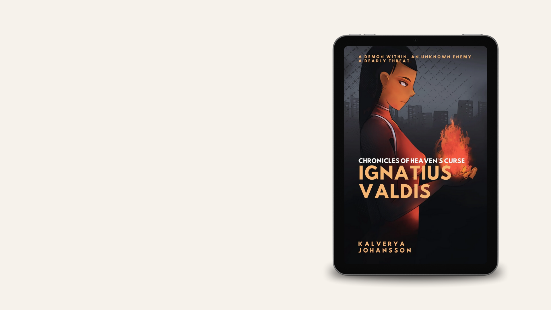 E-book cover titled "Chronicles of Heaven's Curse: Ignatius Valdis" by Kalverya Johansson with an illustration of a woman holding fire