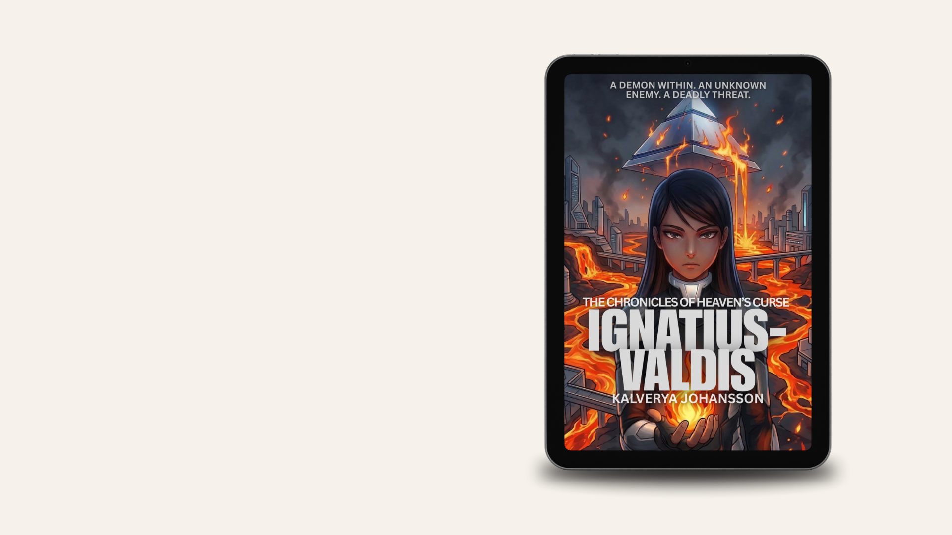 Cover of a book titled "Ignatius Valdis" by Kalerya Johansson, featuring a woman with dark hair and serious expression, with a background of a burning city and lava.