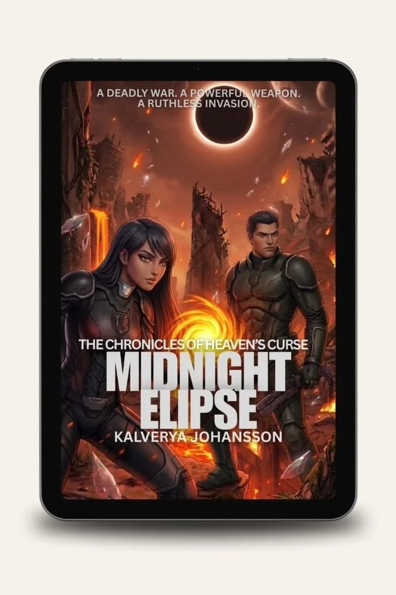 Buchcover für „Midnight Eclipse“ mit zwei Figuren in schwarzer Rüstung, die inmitten einer feurigen, postapokalyptischen Landschaft während einer Sonnenfinsternis stehen.