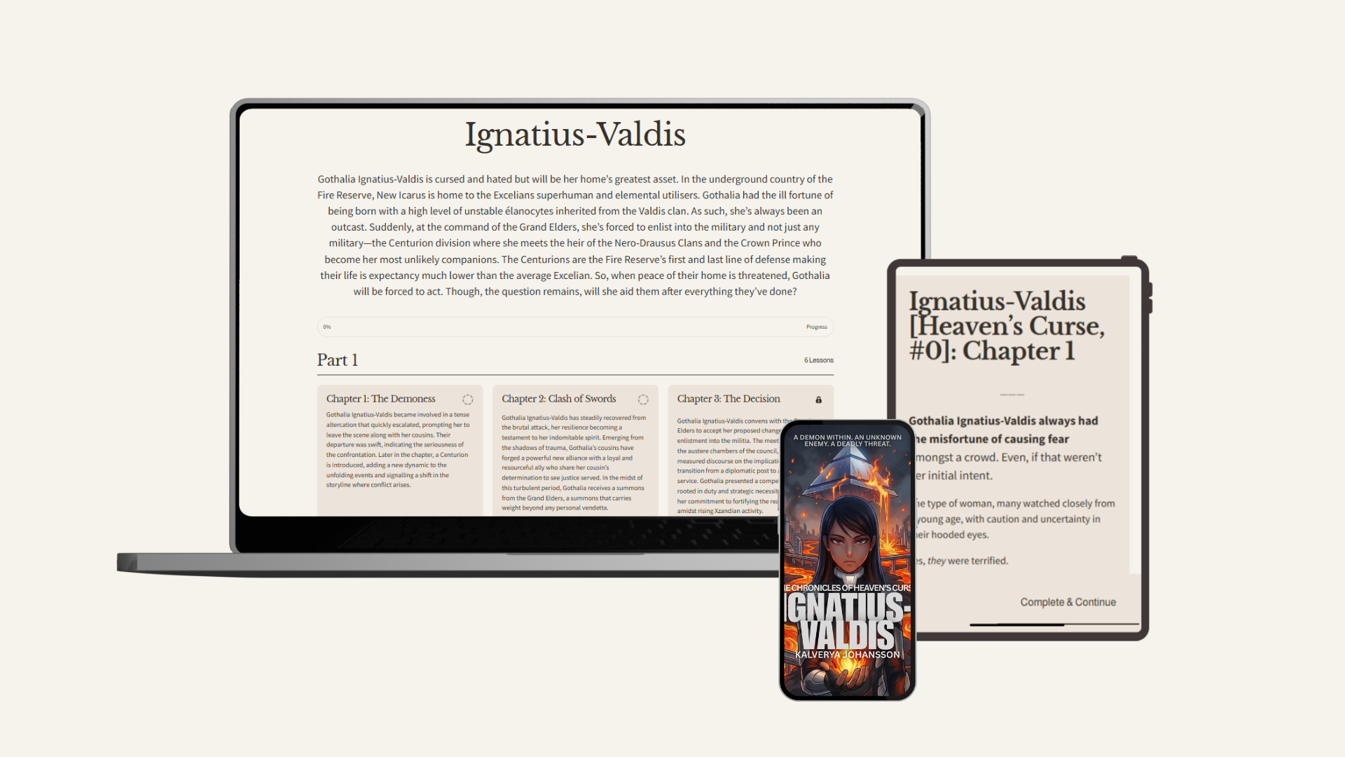 Digital devices display a book titled "Ignatius-Valdis" by Kalerya Johansson, including a laptop, a tablet, and a smartphone, showing pages and cover art related to the book.