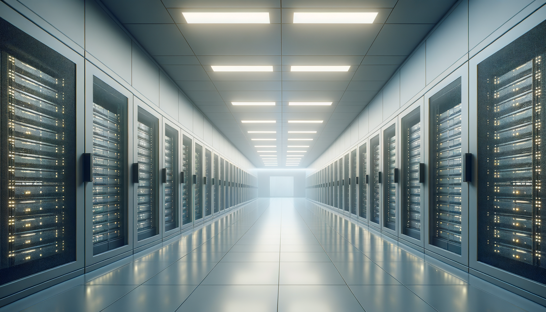 A long, brightly lit data center hallway with rows of server racks on both sides.
