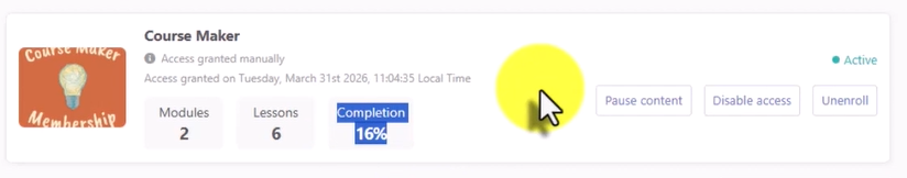 shows analytics for fake Catrina Mitchum student account indicating 2 modules with 6 lessons and 16% completion