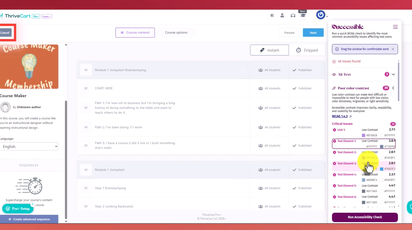 accessibility review of thrivecart learn lesson builder. same issues.