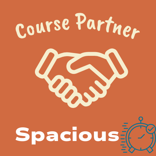 Course Partner Course Creation Spacious Package. Image of shaking hands with the word spacious and a clock.