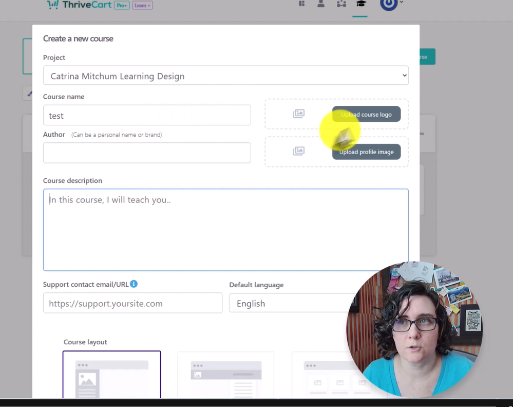 create new course page showing you enter a project name, a course name and author, a logo and profile image, a course description, a URL for suport, and select a course layout.
