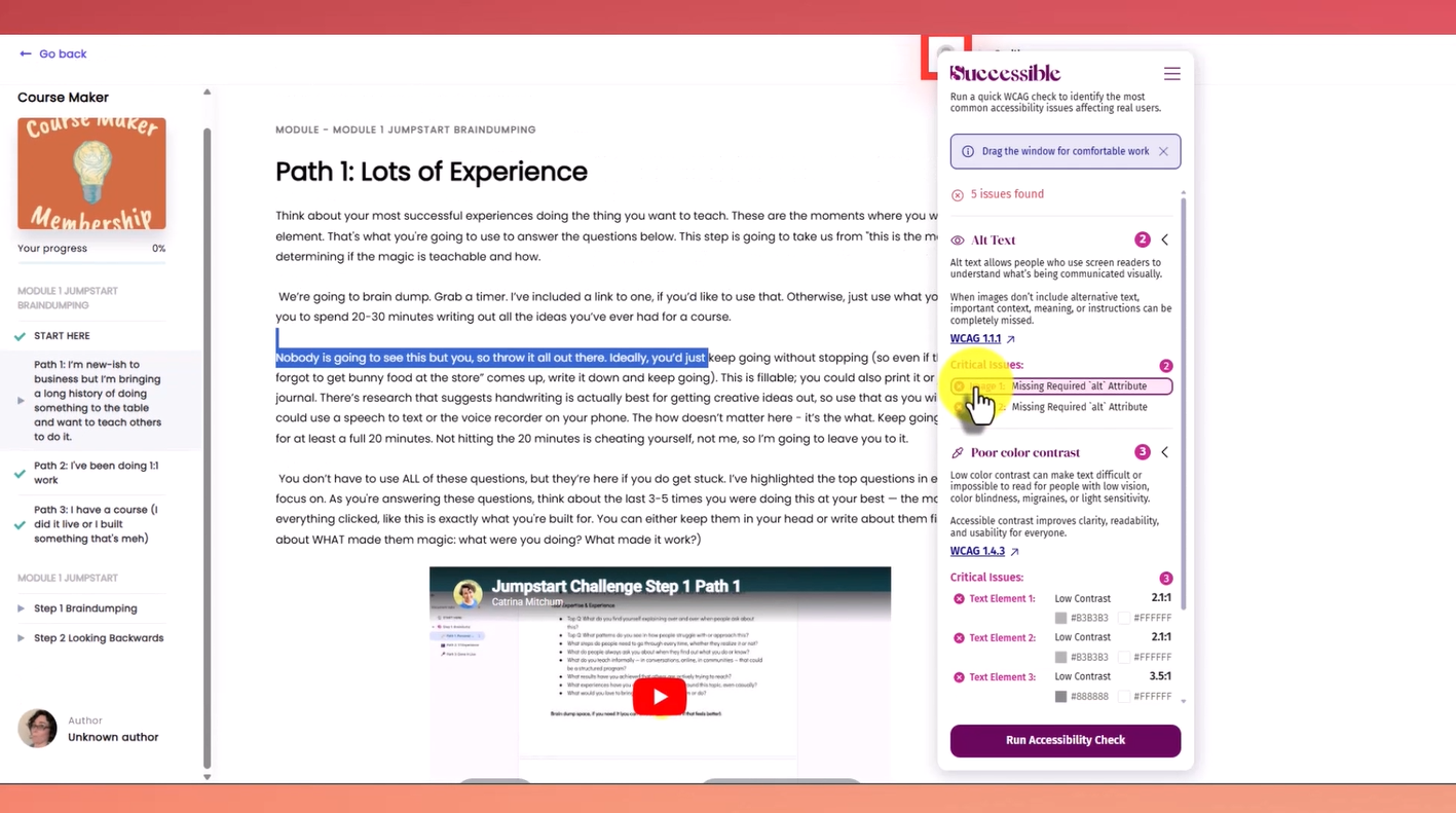 results of accessibility check on thrivecart learn student view showing elements I cannot change.