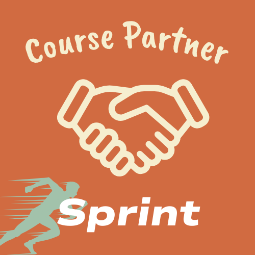 Course Partner Course Creation Spring Package. Image of shaking hands and a person running really fast.