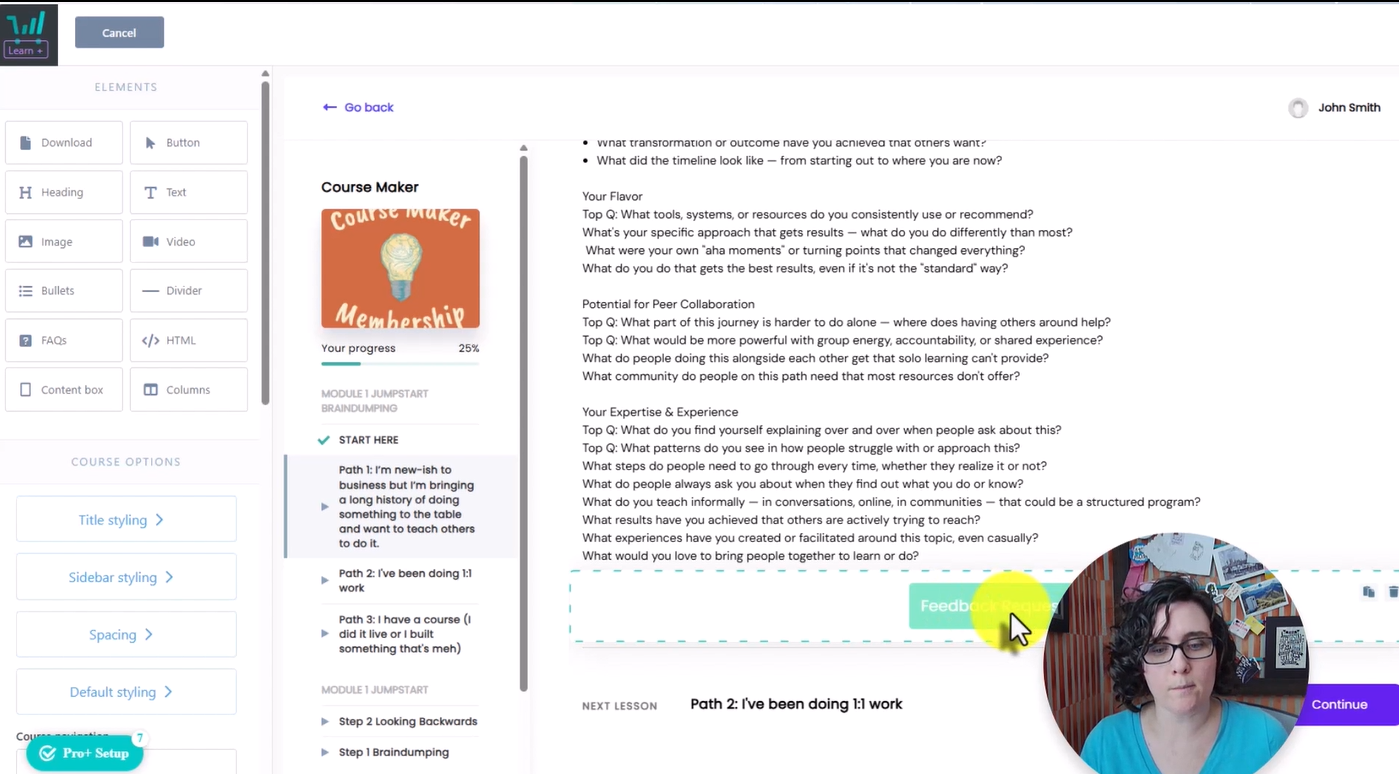 far left shows course builder tools, second column shows the student view of the course outline, middle image shows work around with questions and a built in button to get feedback