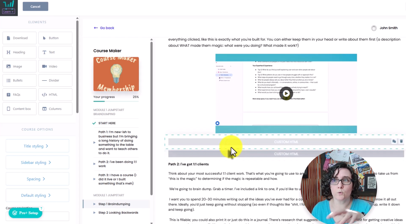 view of course creator tools with most of the screen showing how the custom html box looks on the course designer side of thrivecart learn
