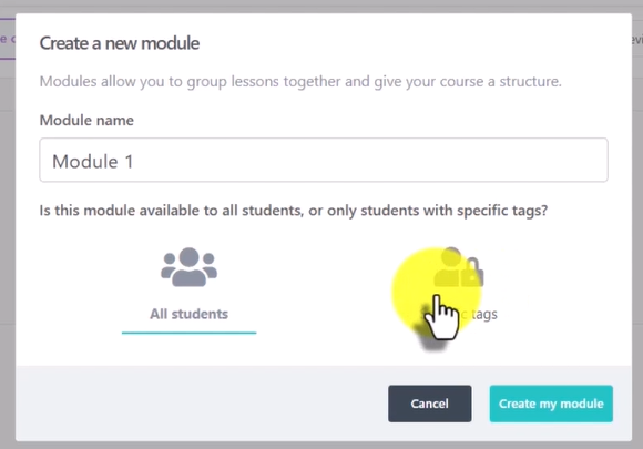 create a new module let's you enter a module name, select if it's available for all students or students tagged a certain way; then you click create.