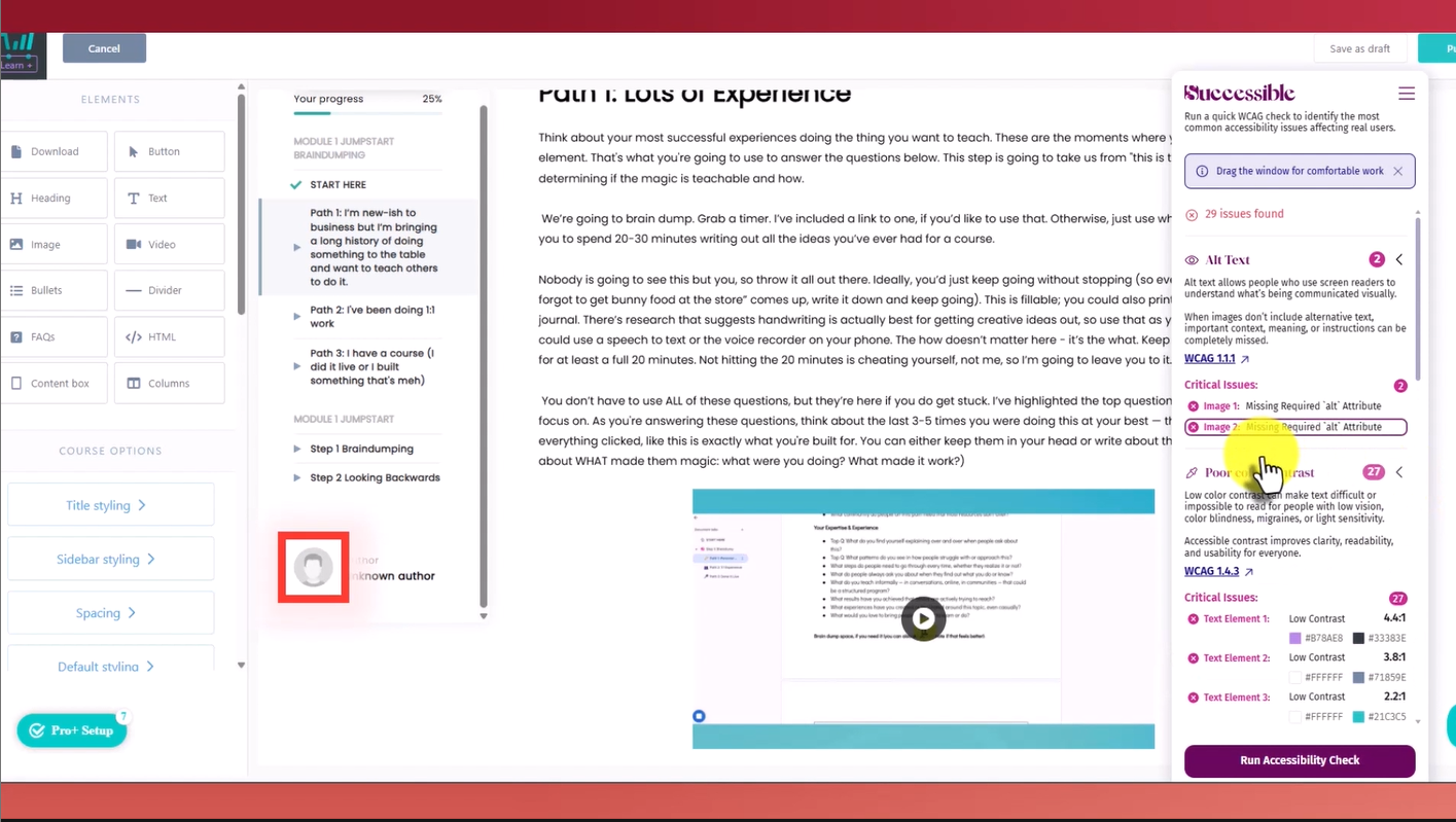 results of accessibility check on thrivecart learn lesson builder page. showing alt text I can't update