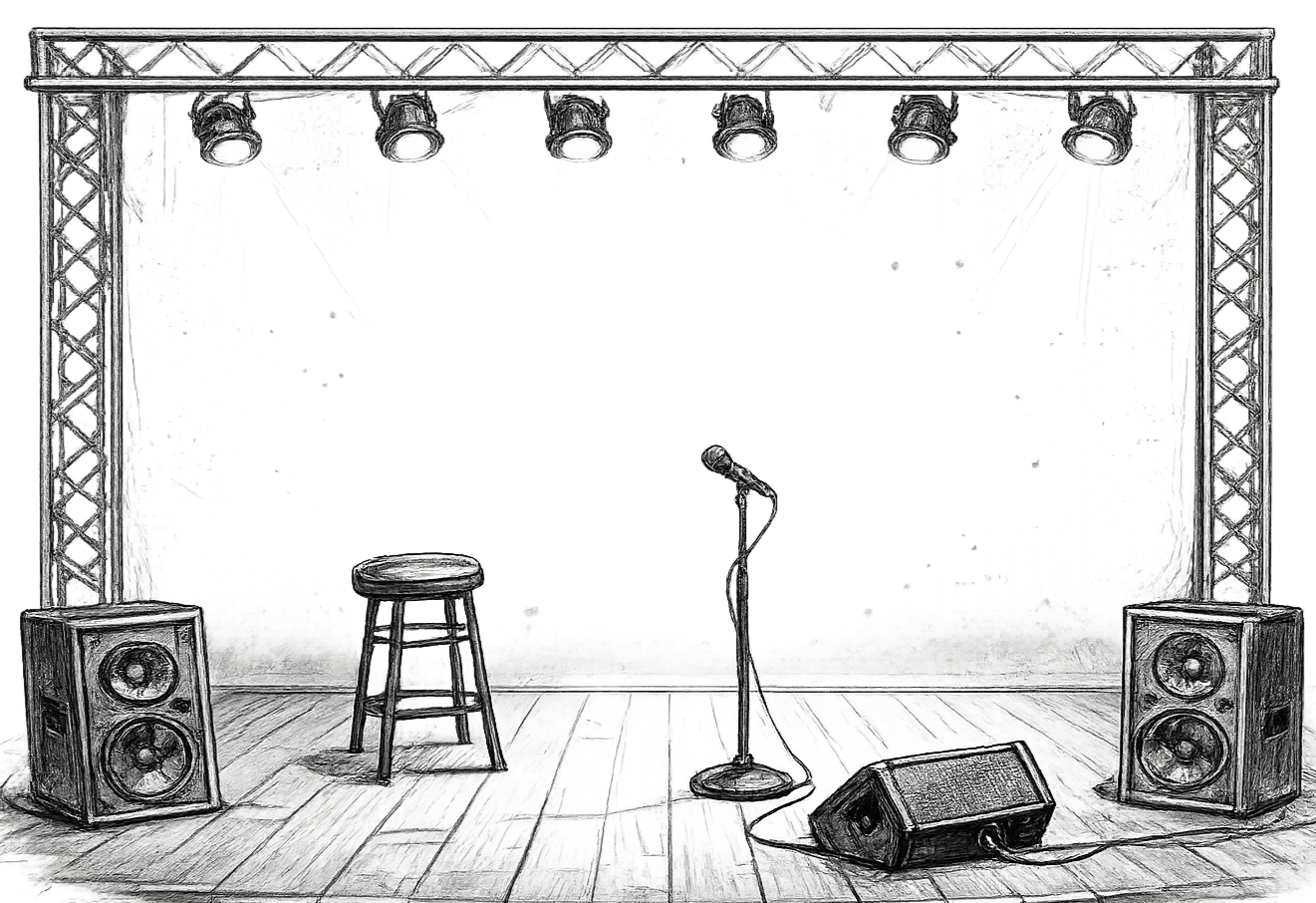 Stage with a stool, a microphone on a stand, two speakers, and stage lights.