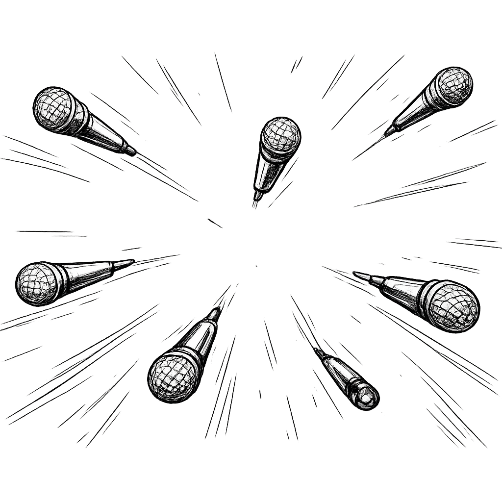 Black and white illustration of microphones radiating outward from the center.