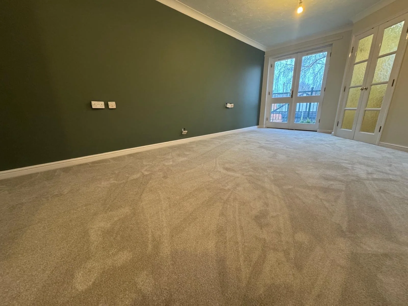 Empty living room with beige carpet, green accent wall, large white-framed glass doors, and a ceiling light in an apartment or house.