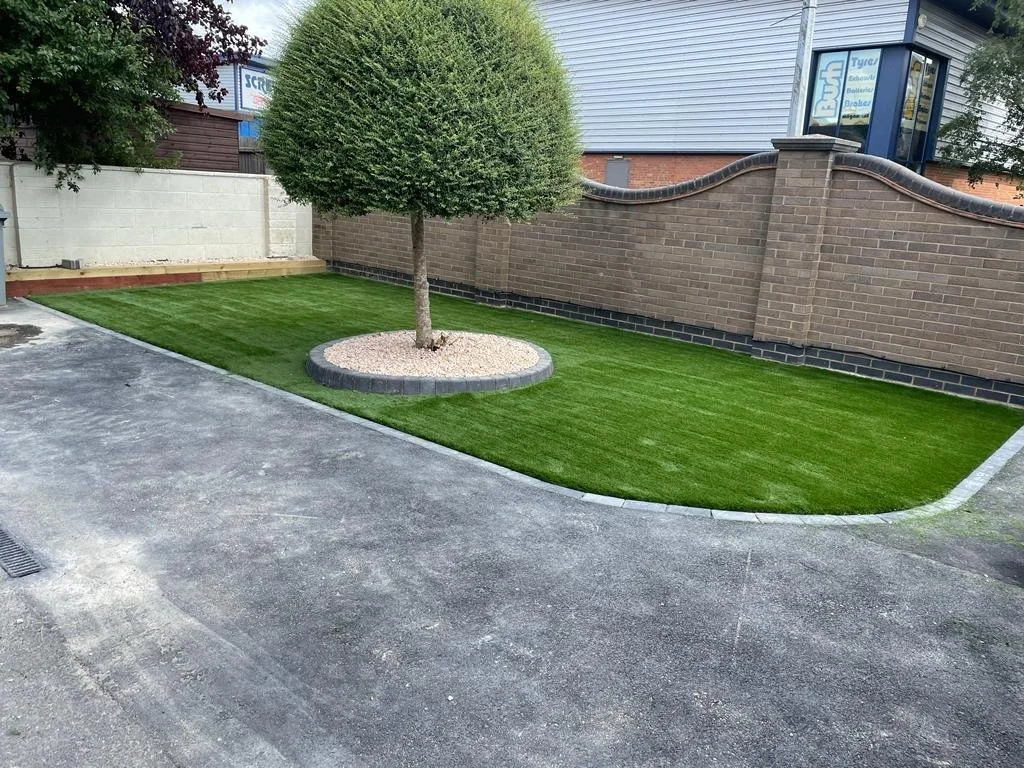 A small landscaped yard with a neatly trimmed round tree in a mulch circle, surrounded by green grass and a curved paved walkway, enclosed by brick and concrete block walls.