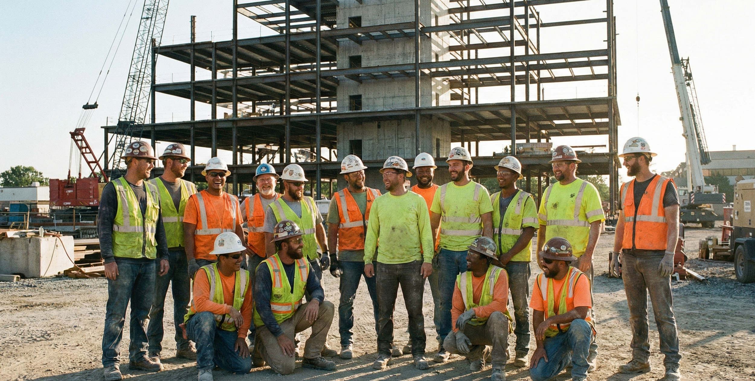 Group of construction workers in safety vests and helmets gathered on a construction site with a building frame in the background.