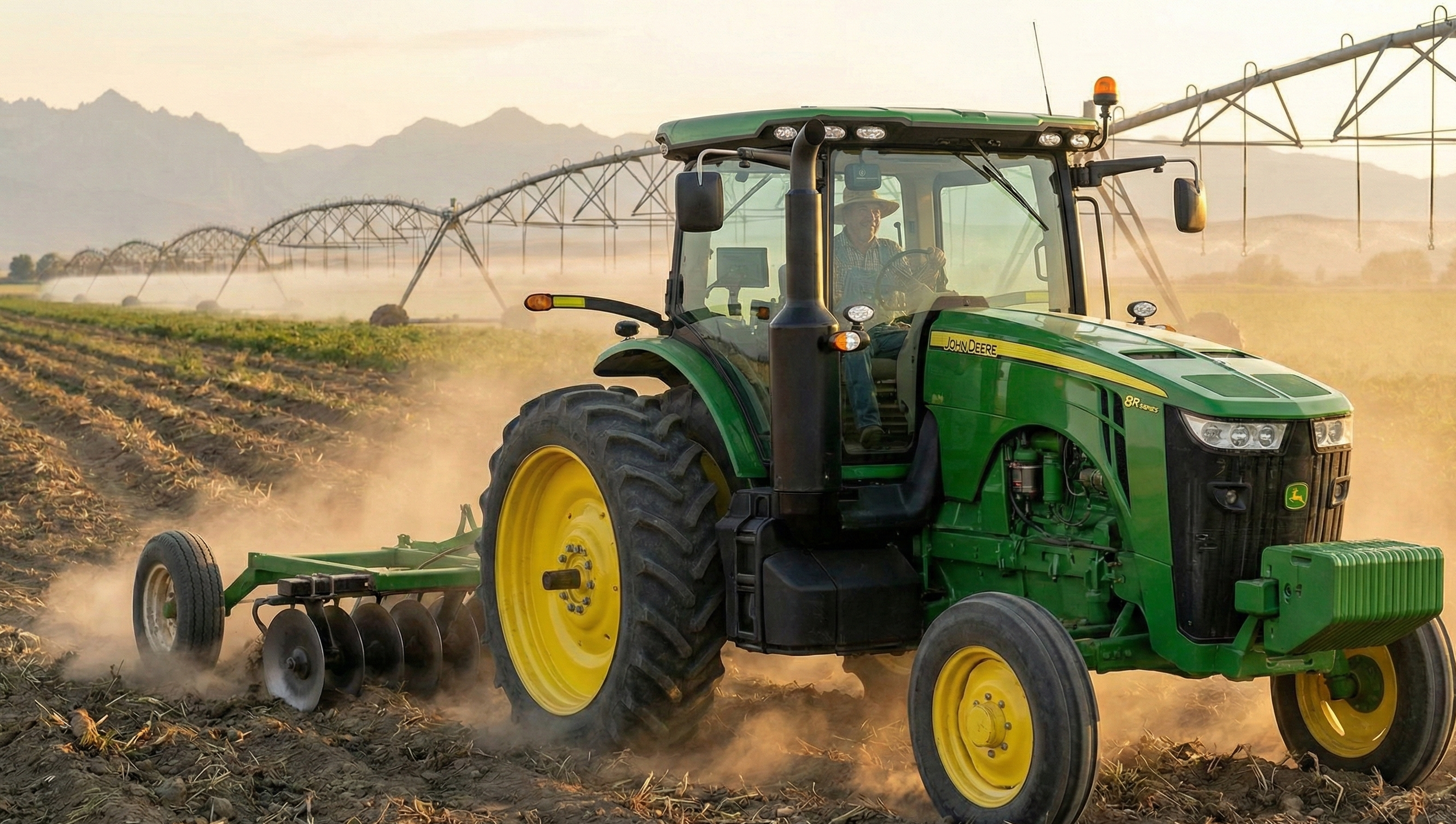 A green John Deere tractor working in a field with a large irrigation system in the background at sunset.