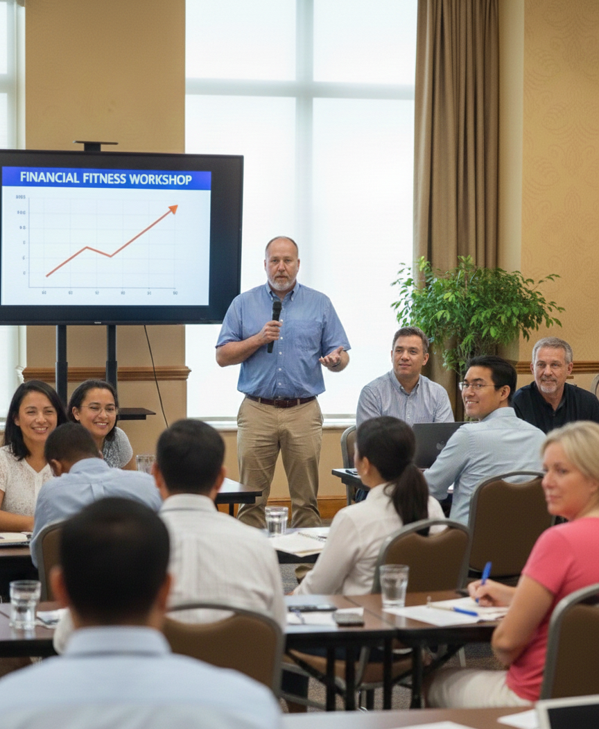 Man giving a presentation at a financial workshop in a conference room with attendees seated at tables.