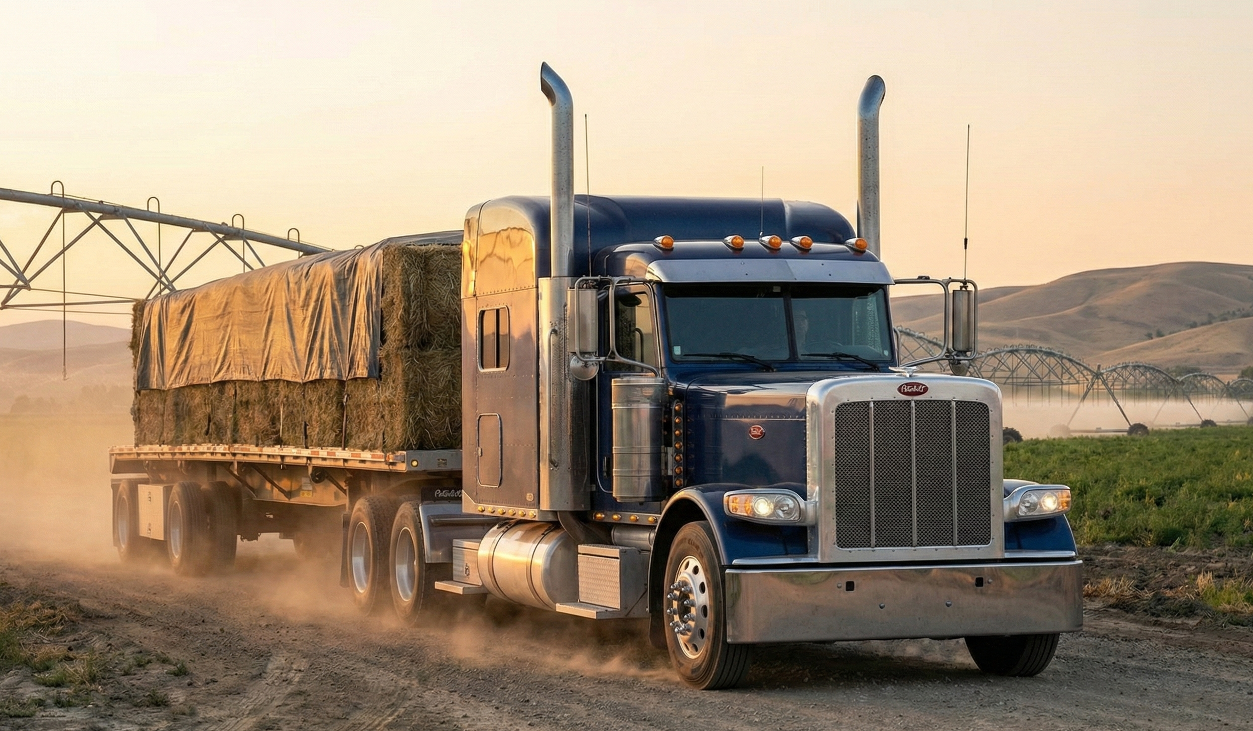 A large semi-truck with hay bales on its flatbed driving on a dirt road in a rural area with fields and hills in the background, during sunset.