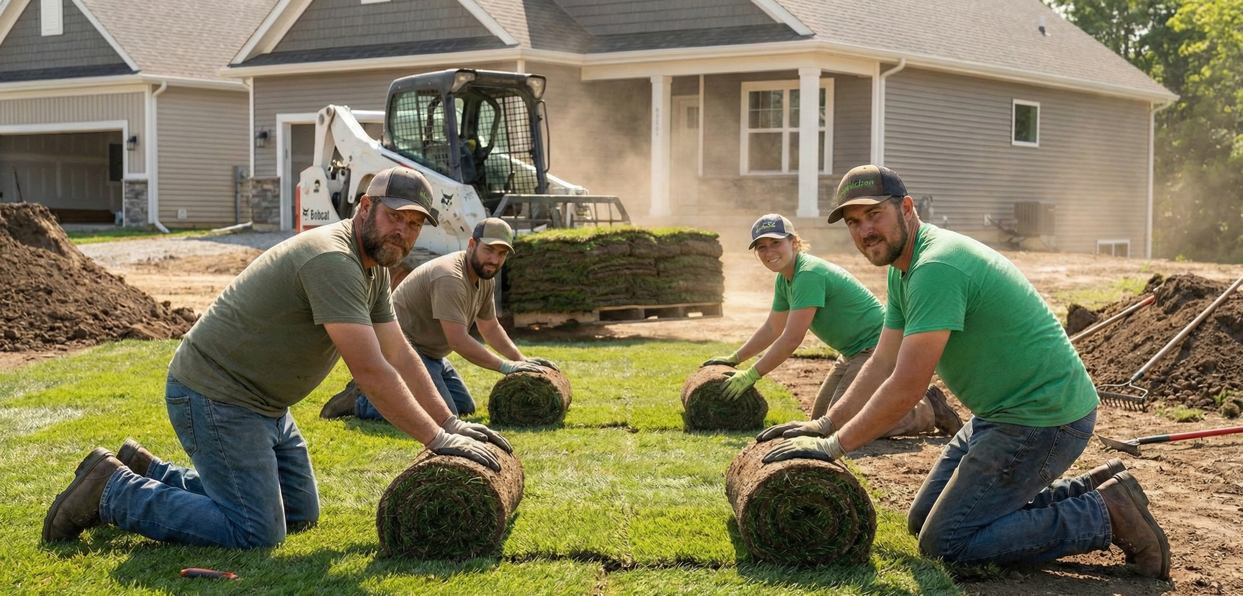 Four workers in green and beige shirts kneeling on grass and rolling out sod in a backyard construction project with house and construction equipment in the background.