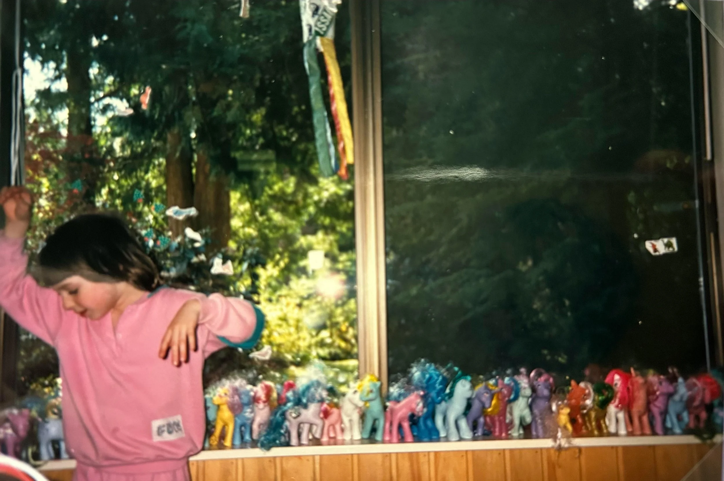 Young Rose in a pink sweatshirt, standing indoors near a windowsill filled with colorful plastic toy ponies, with a window showing trees and sunlight outside.