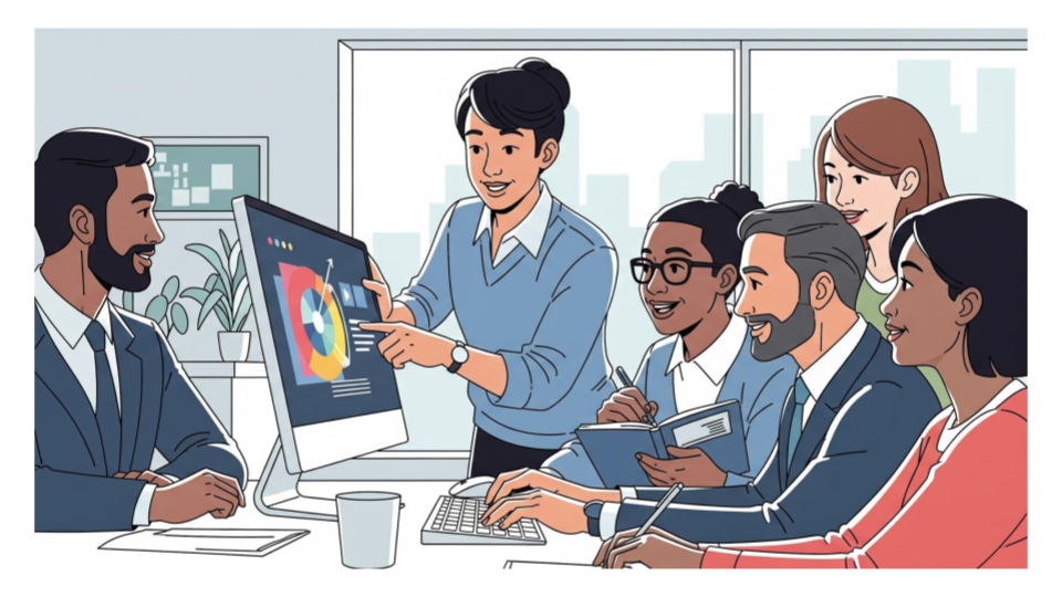 A diverse group of six business professionals collaborating around a computer in a modern office, with one woman presenting data visualization on the screen.