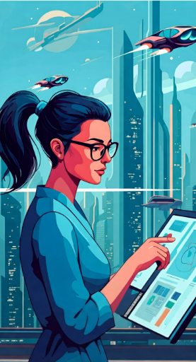 Woman working on a tablet in a futuristic city with skyscrapers, flying cars, and a spaceship in the sky.